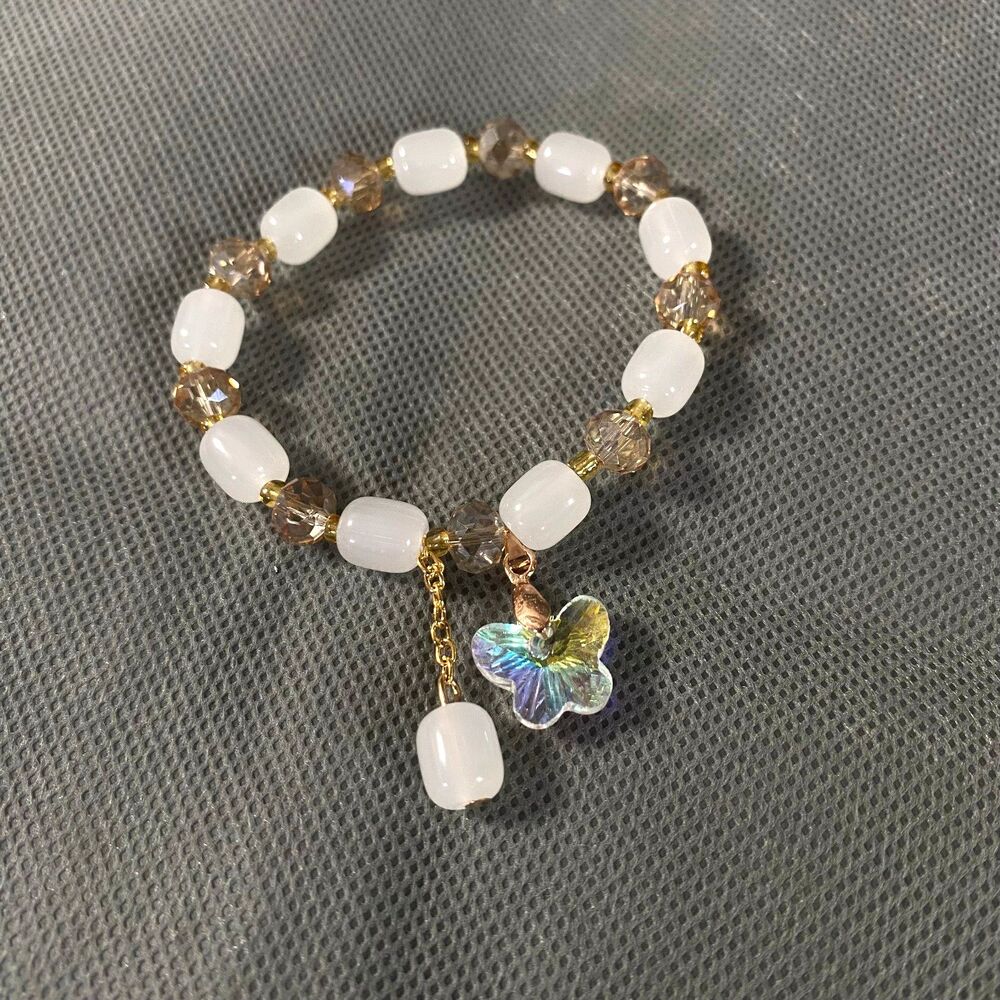 Iridescent Butterfly Charm Bracelet Oblong Glass Beads White Light Amber Stretch - Picture 2 of 7